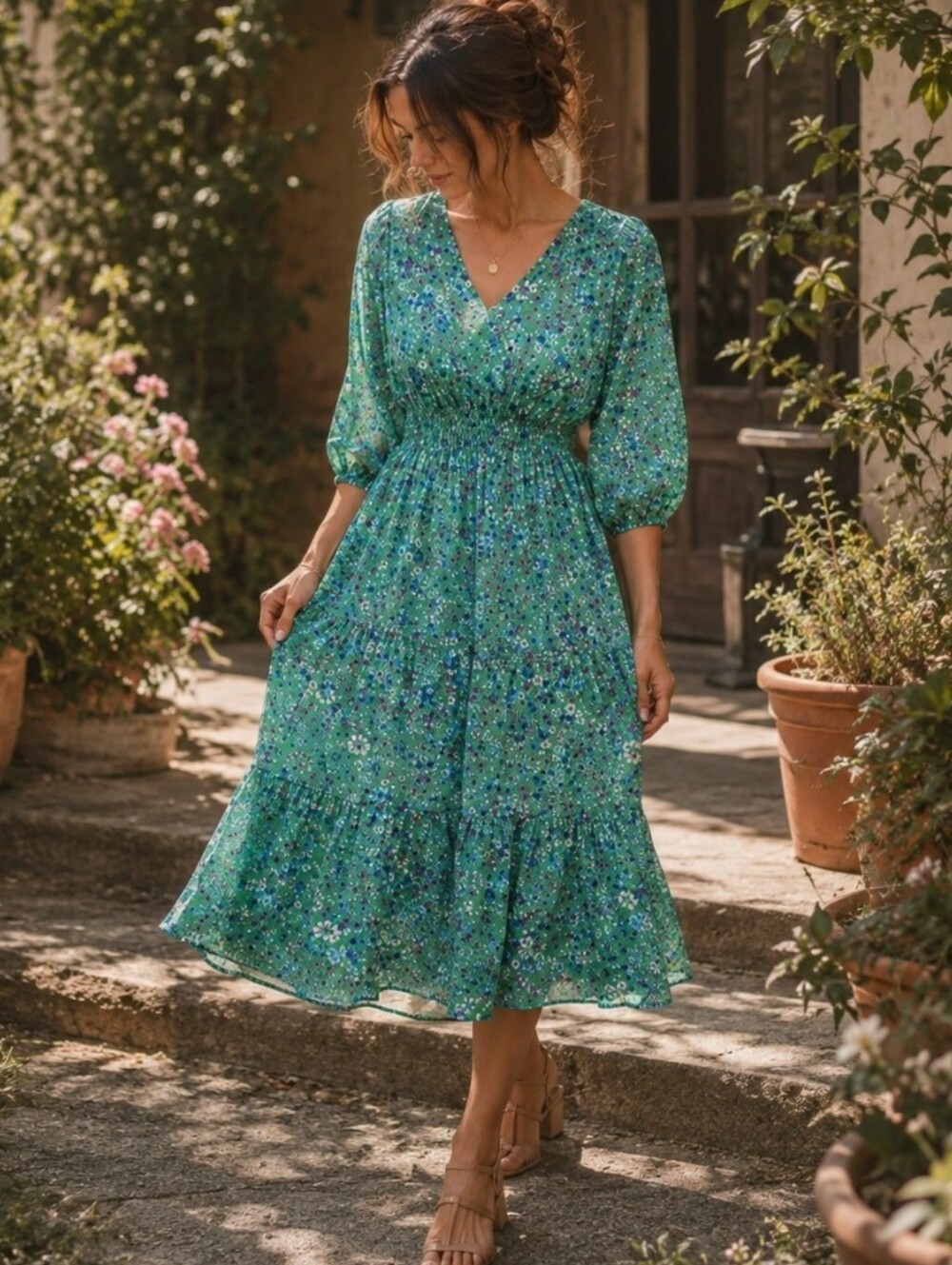 Maison Tara Green Floral Smocked Midi Dress Size 6 Cottagecore Fairycore Boho